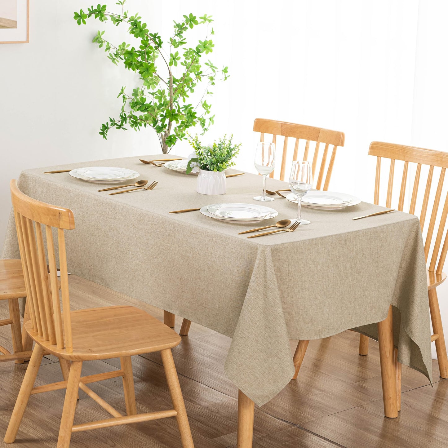 DWCN Faux Linen Tablecloth Rectangle - Beige Tablecloths Fabric Waterproof Spill-Proof Wrinkle and Stain Resistant Decorative Farmhouse Table Cover for Kitchen Dining Party, 60 x 102 Inch