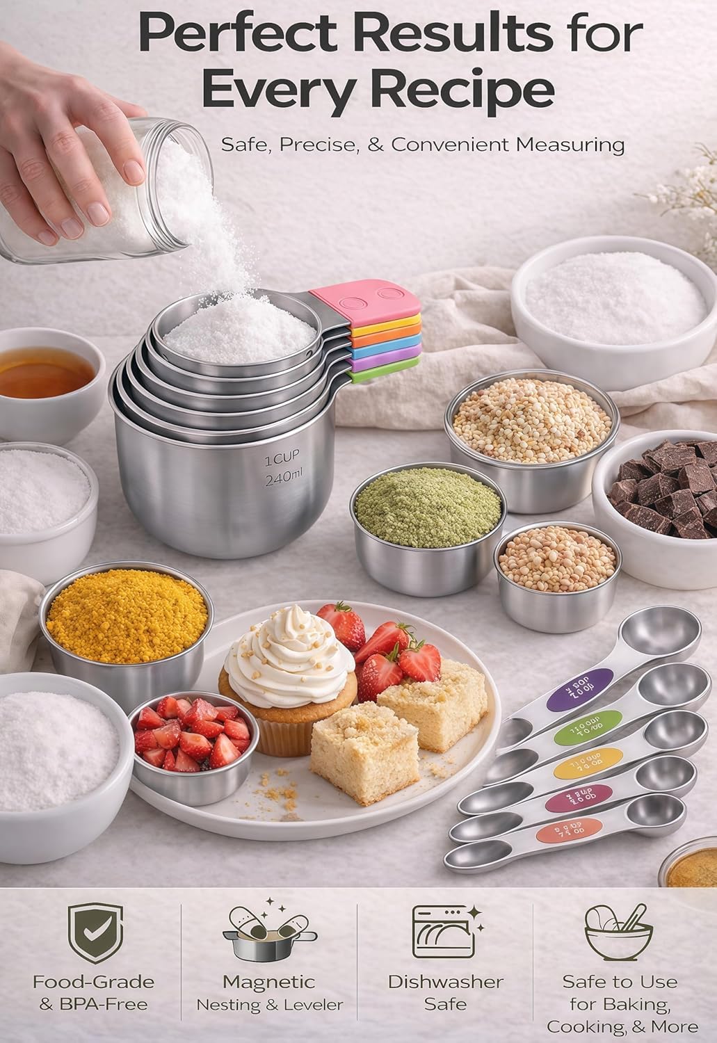 Skiennix Magnetic Measuring Cups and Spoons Set - 304 Stainless Steel, Dual Scale, 15-Piece, Dishwasher Safe | Colorful Design
