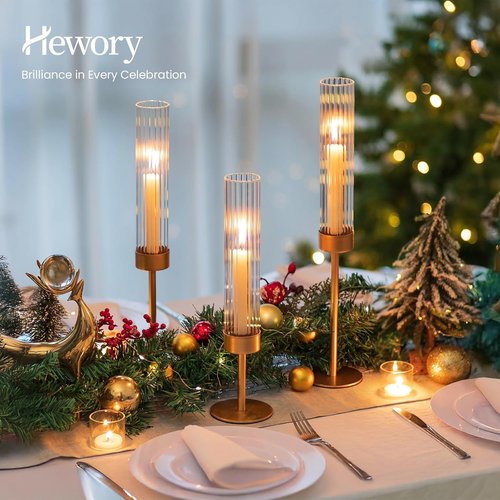 Hewory Gold Hurricane Candle Holders - Set of 3 Tall Brass Taper Holders for Elegant Table Decor