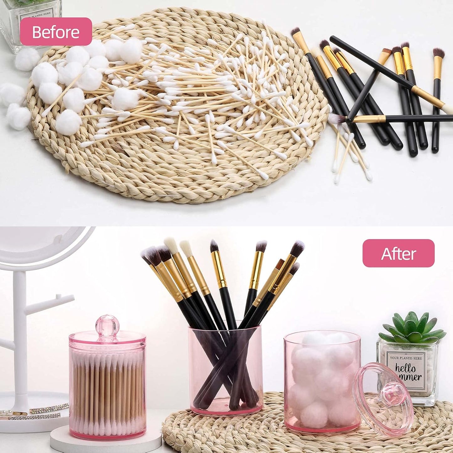 Tbestmax Apothecary Jar - 10 OZ Qtips Holder for Bathroom | Pink Cotton Ball & Swabs Organizer