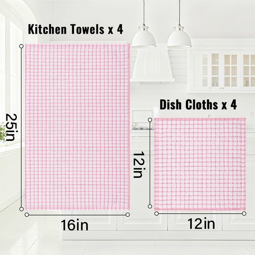 Homaxy Kitchen Towels and Dishcloths Set, 16 x 25 and 12 x 12 Inches, Set of 8 Cotton Terry Kitchen Dish Towels, Super Soft and Absorbent Dish Cloths, Blue/Pink/Red/Brown