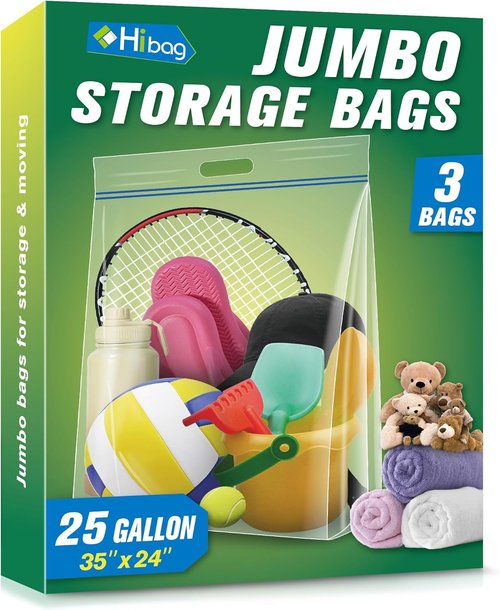 HIBAG Jumbo Storage Bags - 25 Gallon Resealable Clear Bags with Handle | Extra Large Heavy Duty, Pack of 3