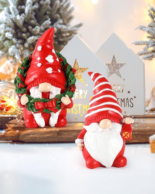 iStatue Set of 2 Resin Christmas Gnomes - Adorable Hand-Painted Tomte Figurines for Home & Garden Decor