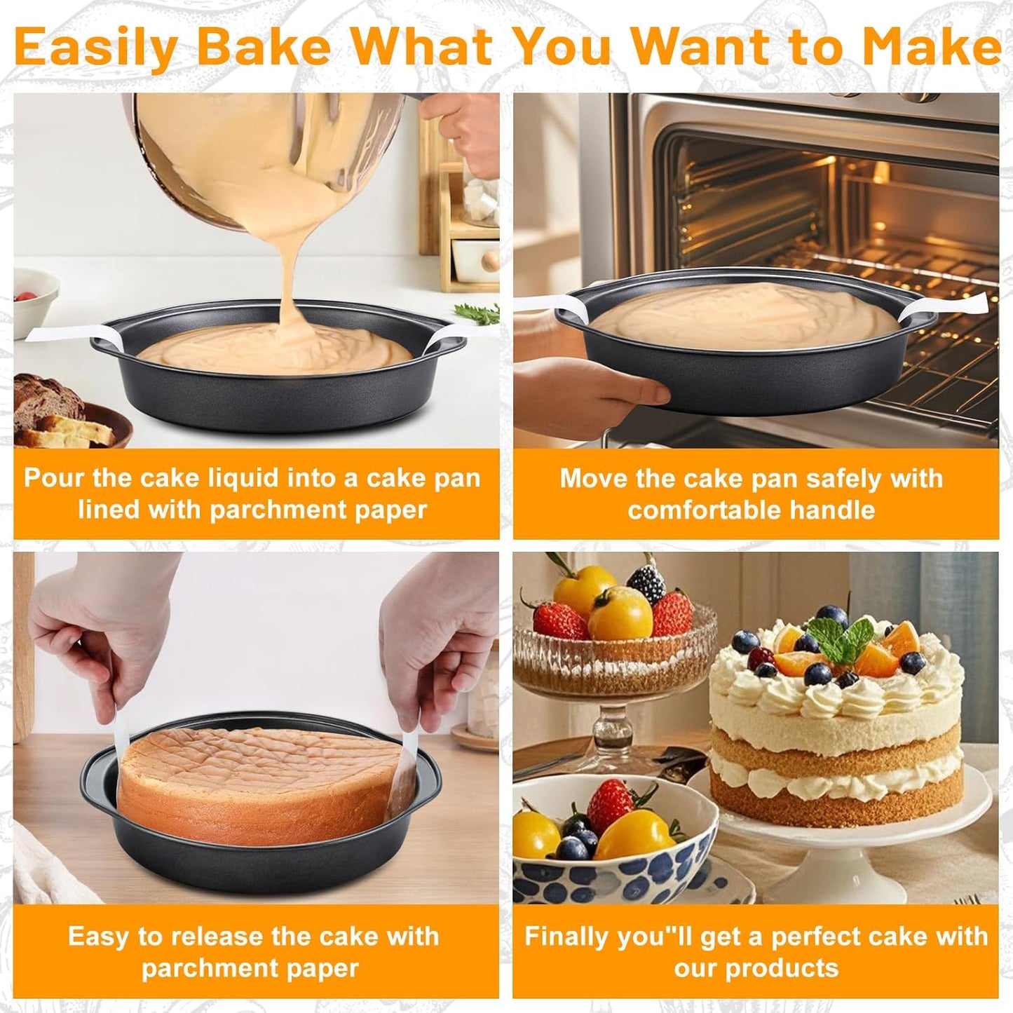 3PCS Skiennix 8-Inch Carbon Steel Round Cake Pans - Non-Stick, Easy Demolding & 100 Parchment Papers