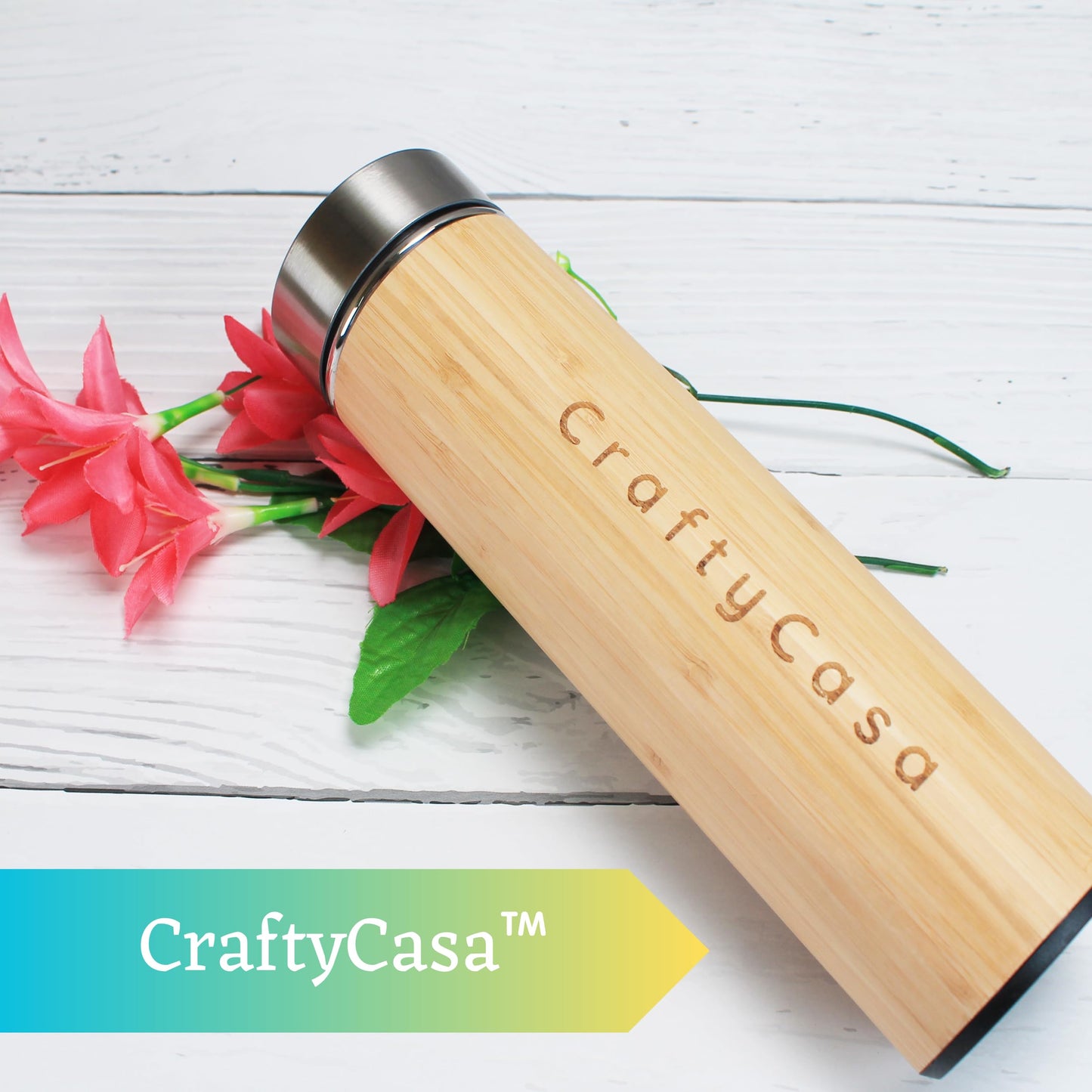 CRAFTYCASA Premium Bamboo Thermos with Tea Infuser 500ml/17oz capacity - Vacuum Insulated 304 Stainless Steel Travel Tea Tumbler Infuser Bottle for Leaf Tea & Coffee - Hot & Cold for 12 Hrs