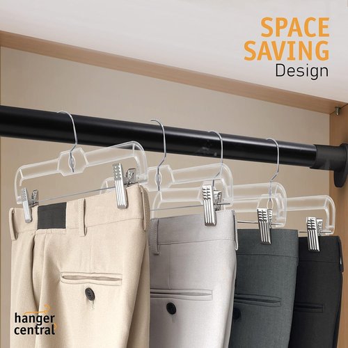 Hanger Central 14-Inch Clear Pants Hangers - Adjustable Clips & Non-Slip Design | 12 Pack Heavy-Duty Closet Organizers