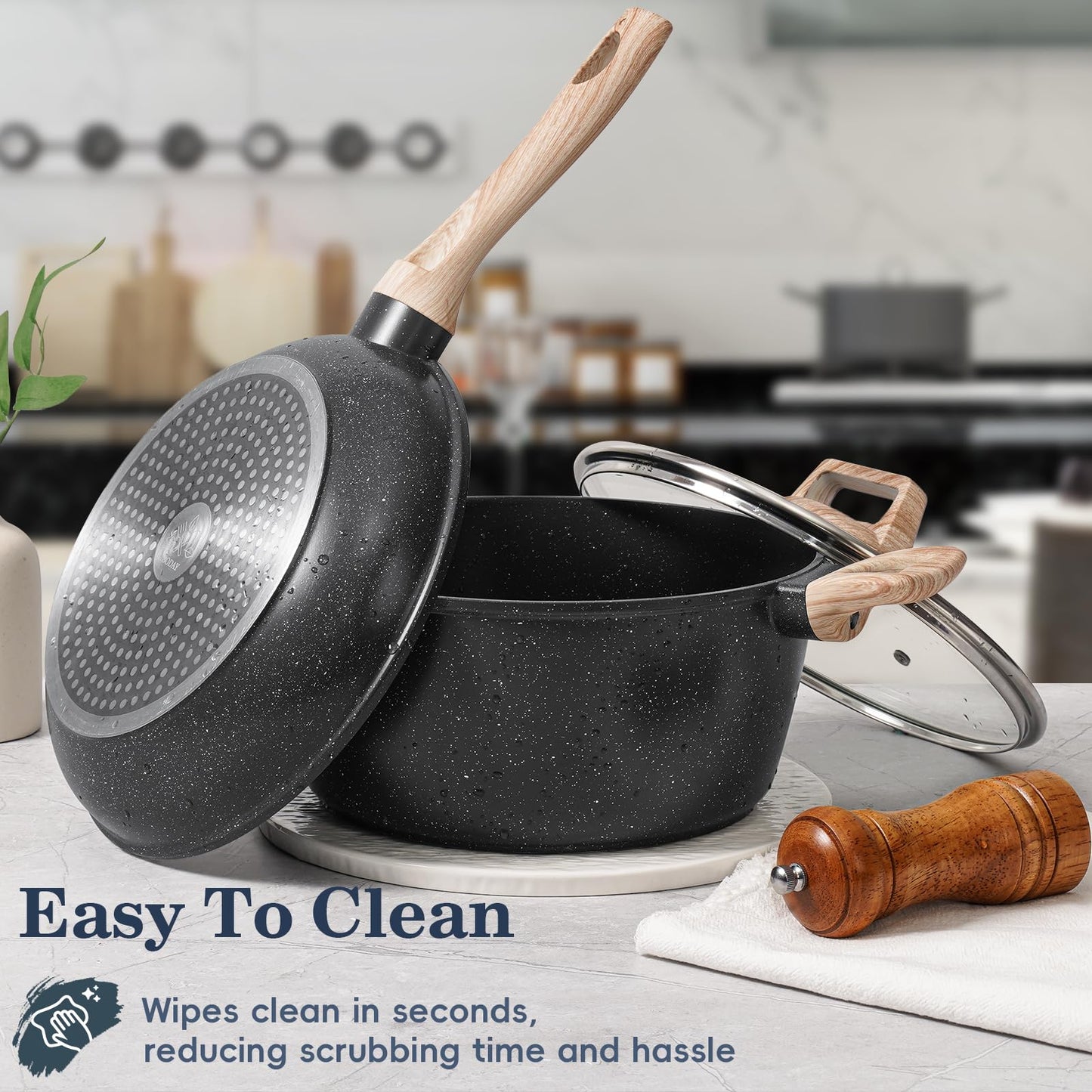 SODAY 12 Pcs Pots and Pans Set Non Stick, Cookware Sets Black Granite Induction Cookware, Non-toxic Healthy Nonstick Kitchen Cooking Set with Frying Pans Set, Saucepans (PFAS/ PFOA/ PFOS Free)