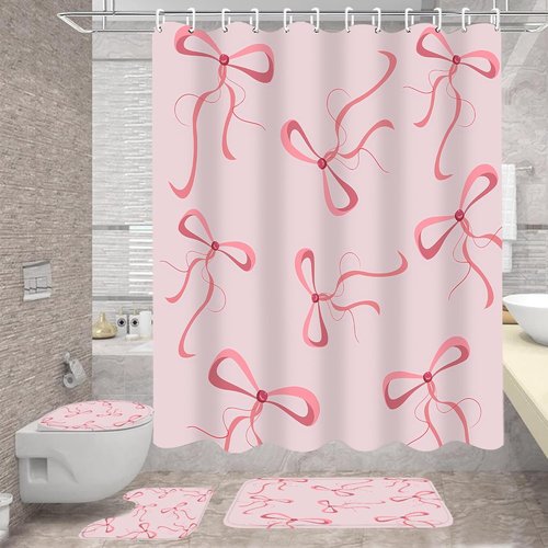 AZHM Pink Bow Shower Curtain Set - Cute Aesthetic Bathroom Decor with 12 Hooks & Accessories