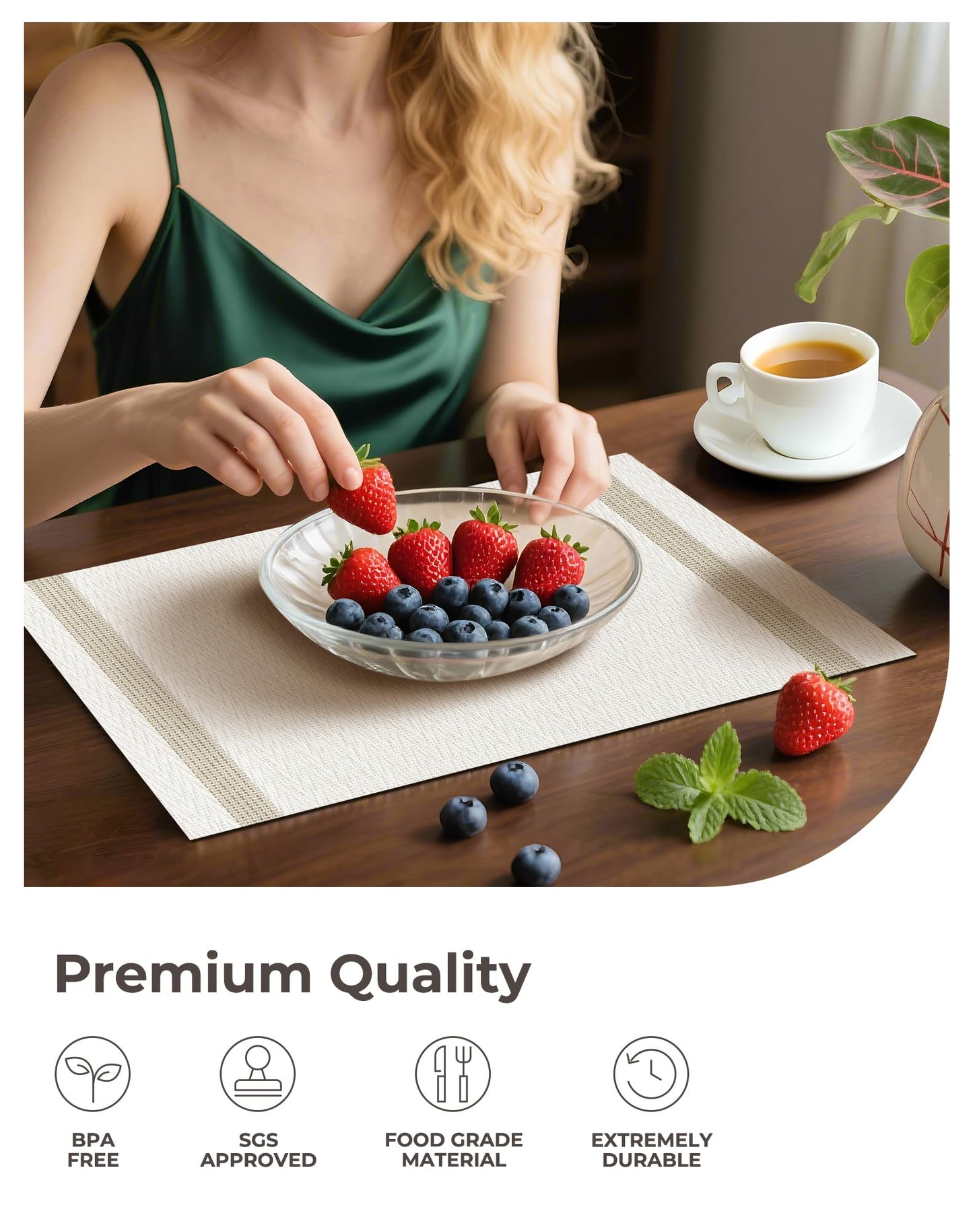 Leetaltree Sparkling White Vinyl Woven Placemats Set of 4 - Washable Dining Table Placemats Striped, Suitable for Wedding, Anniversary, Daily Use - Sparkling Table Decor