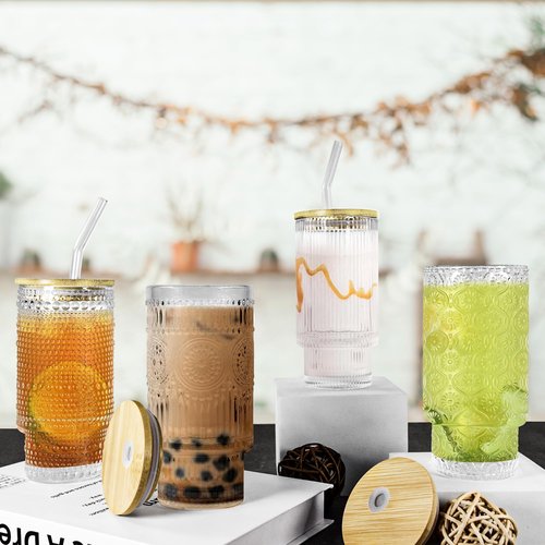 Icesip 4 Pcs 16 oz Glasses Cups with Bamboo Lids Straws Brush Hobnail Glass Tumbler with Straw and Lid for Juice Iced Coffee Soda Cocktail Juice