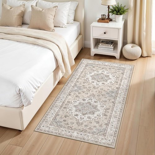 Entryway 2x4 Washable Area Rug - Oriental Stain Resistant Non-Slip Soft Floor Mat | Beige