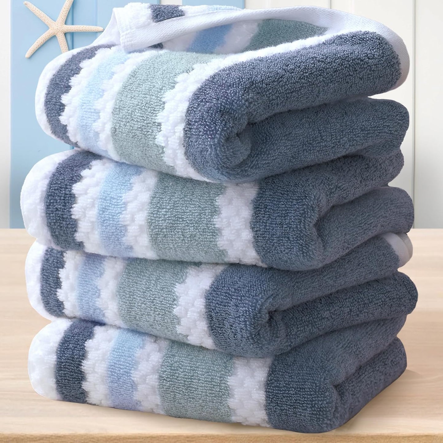 Skiennix Waffle Hand Towels - Quick Dry, Absorbent Cotton Blend | 4PC Set, 16"x27", Blue Gray Stripe & White Checker
