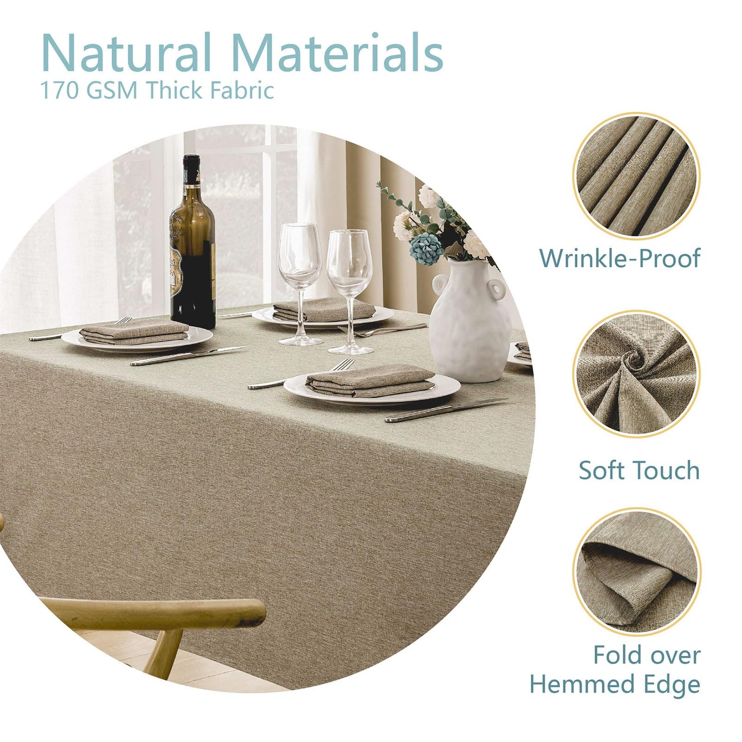 Veblandy 2 Pack Rectangle Tablecloth, 60x120 inch, Water Resistant Wrinkle Free Linen Textured Table Cloth Washable, Decorative Fabric Table Cover for Dining, Party and Camping, Mocha