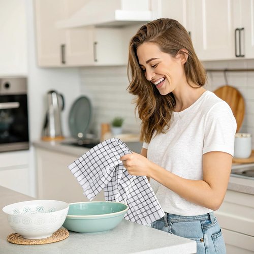 Homaxy 100% Cotton Kitchen Towels - Super Soft & Absorbent 6 Pack | 15 x 25 Inches, Black Check Design