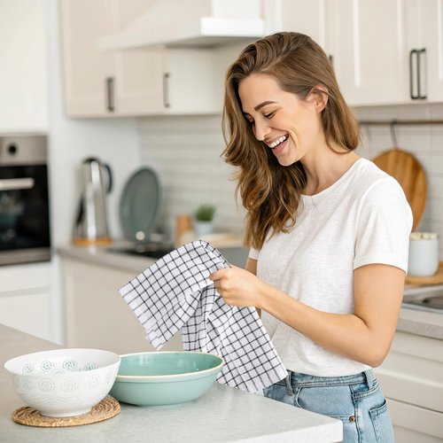 Homaxy 100% Cotton Kitchen Towels 6 Pack-15 X 25 Inches, Check Design Waffle Weave Hand Tea Towels, Super Soft and Absorbent Dish Towel for Drying Dishes, Black