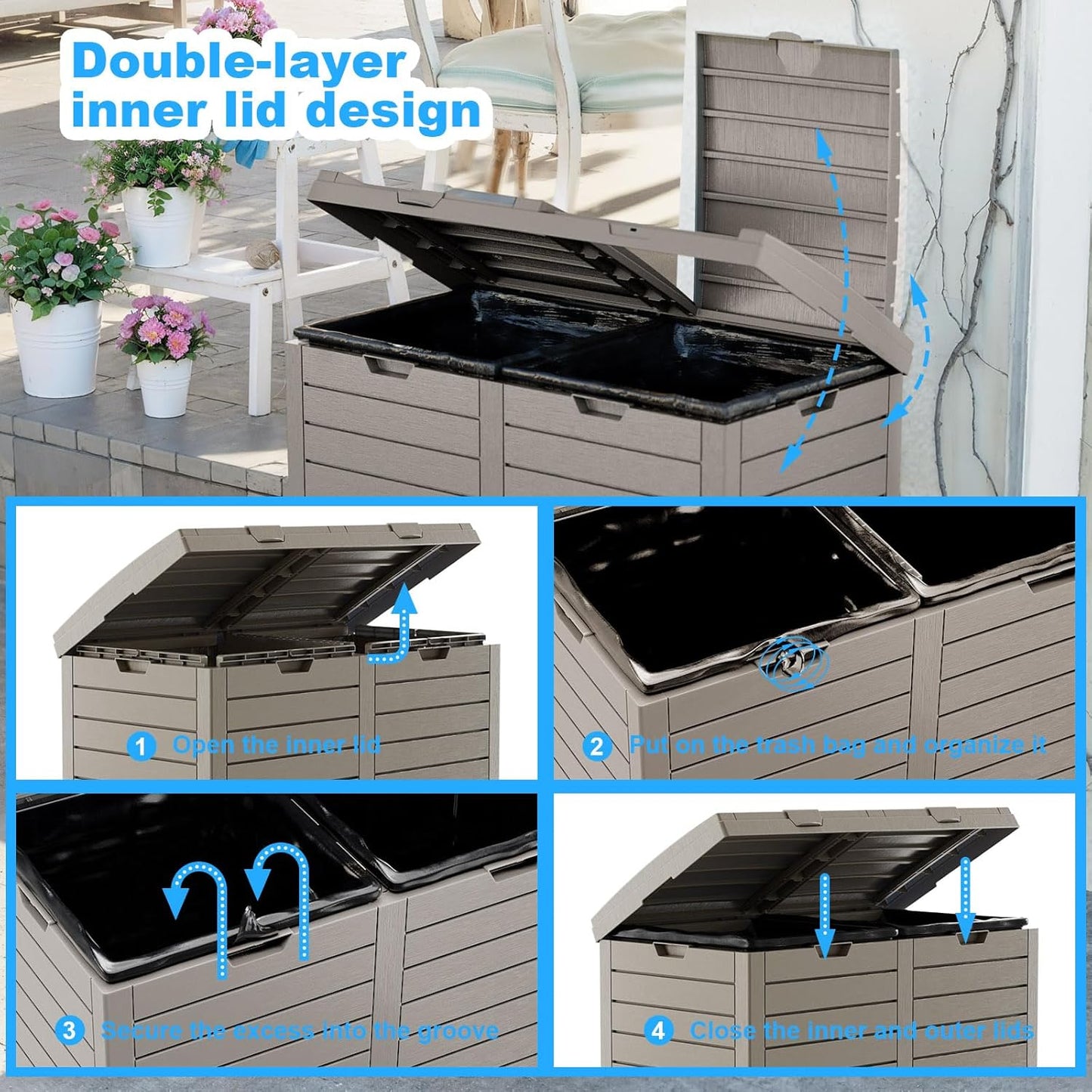 Regine Switzerland Outdoor Trash Can - Waterproof Resin Garbage Bin with Pull-Out Liquid Drawer | 76 Gallon, Grey