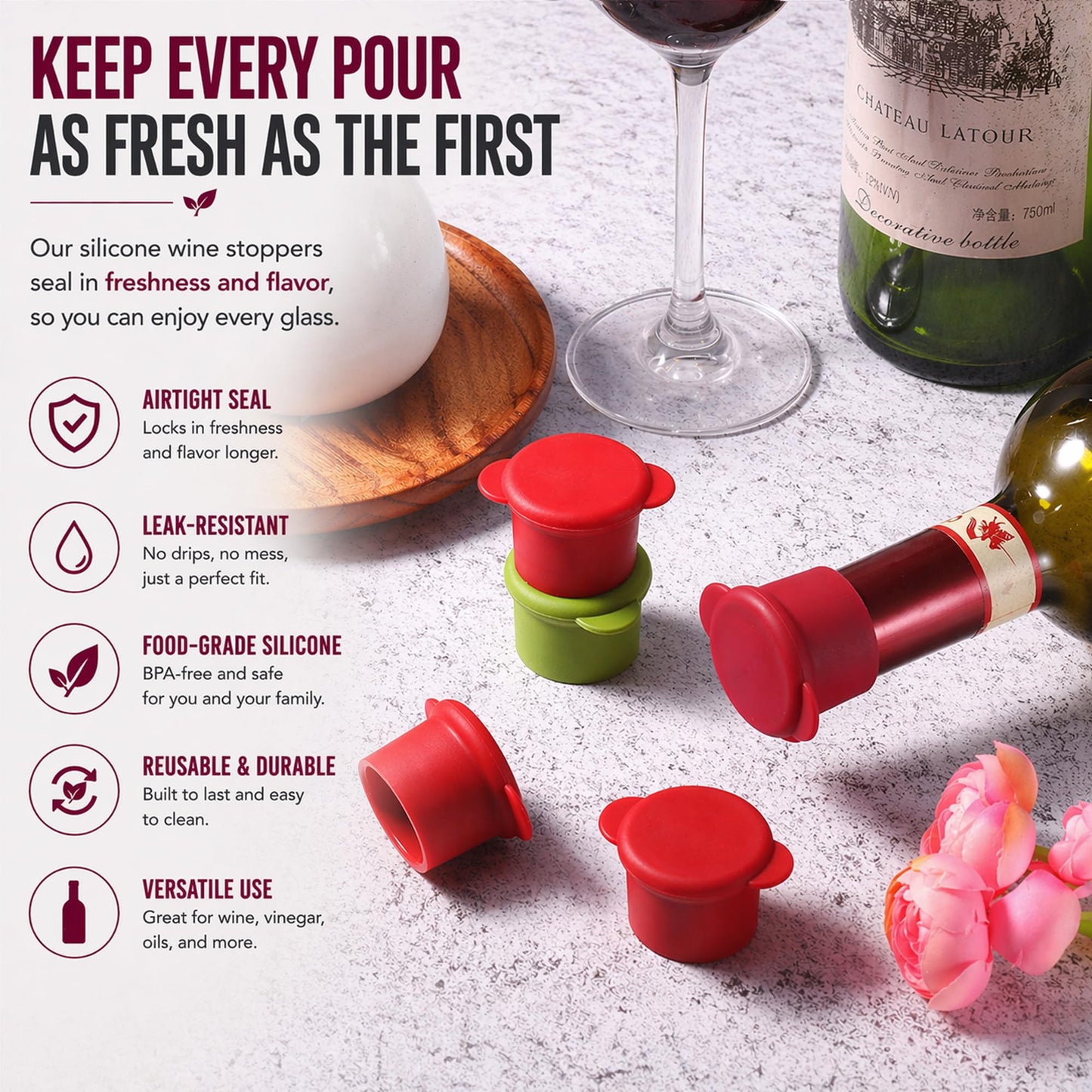 Wine Bottle Caps - Silicone Bottle Covers - Air-Tight Vacuum Seal - Wine Gifts for Women - Set of 4