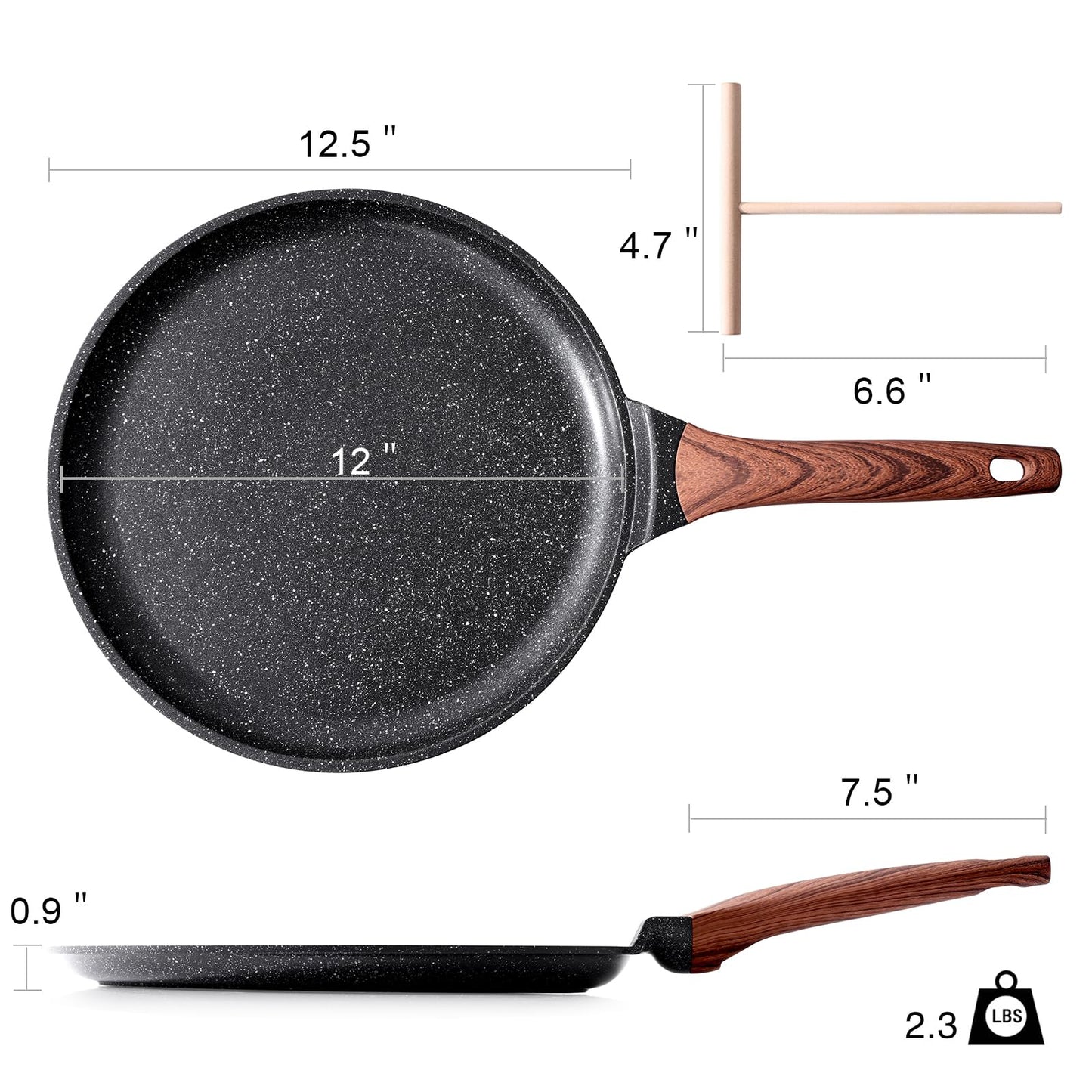 Kordisen Crepe Pan Nonstick, 12 Inch Dosa Pan with Spreader, Granite Coating Comales Para Tortillas Pancake Pan, Flat Bottom for Stove Top, Induction Compatible, PFOA Free