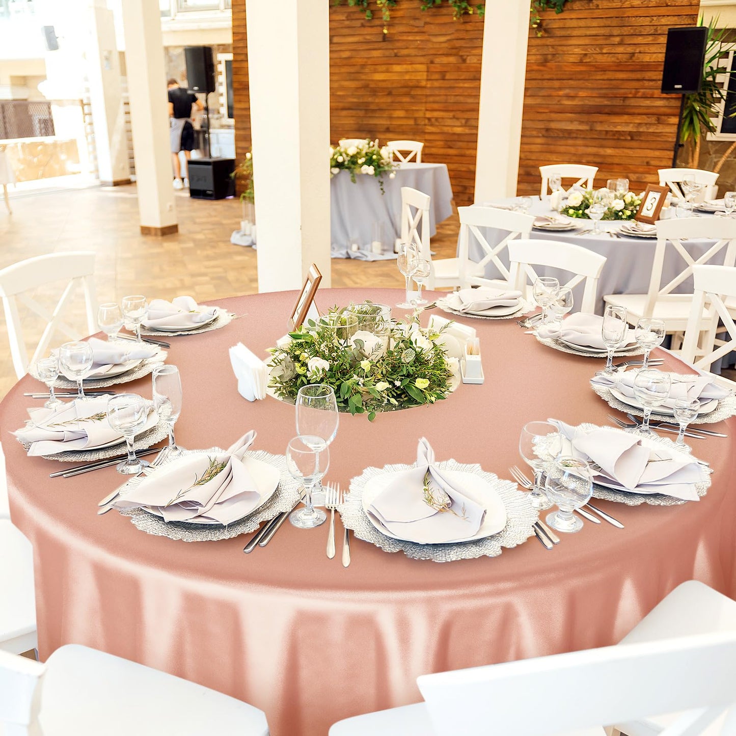 Buryeah 12 Pcs 84 Inch Rose Gold and White Round Plastic Disposable Table Cloth Waterproof Tablecloth Circle Table Covers for Bridal Wedding Birthday Party Gender Reveal Baby Shower