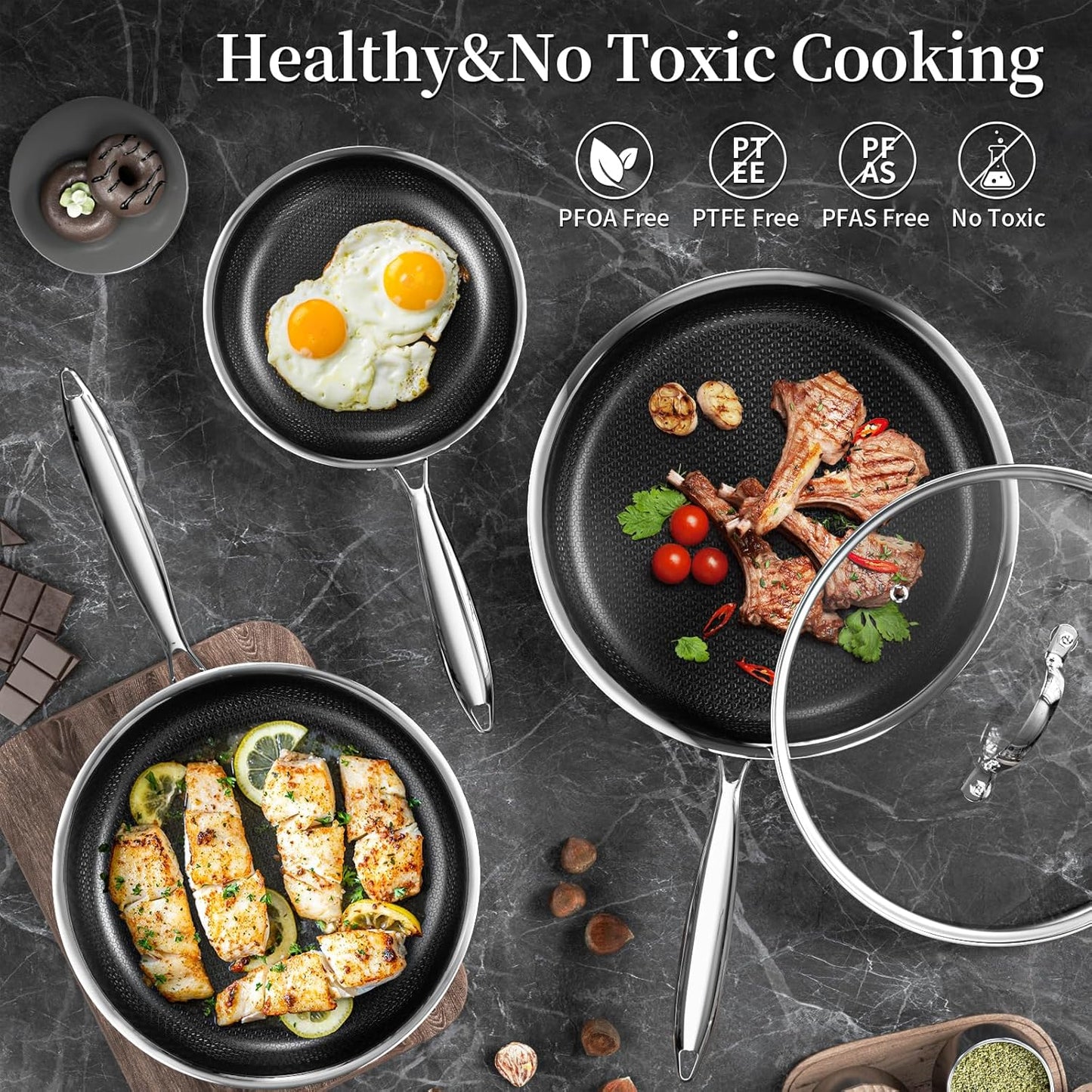 Skiennix 8-Inch Nonstick Frying Pan - Titanium Ceramic Tri-Ply Skillet with Lid & Stay-Cool Handle