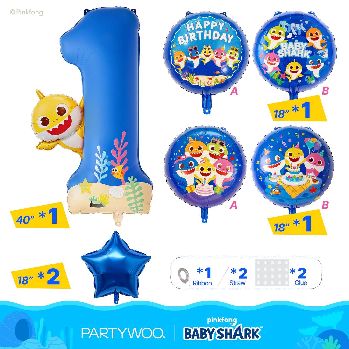 PartyWoo Baby Shark Blue Foil Number 1 Balloon 5pcs 40 18 Inch Blue Round Star Mylar Helium Birthday Balloons for Boys and Girls Baby Shark Under the Sea Ocean Kids First Birthday Party Decorations