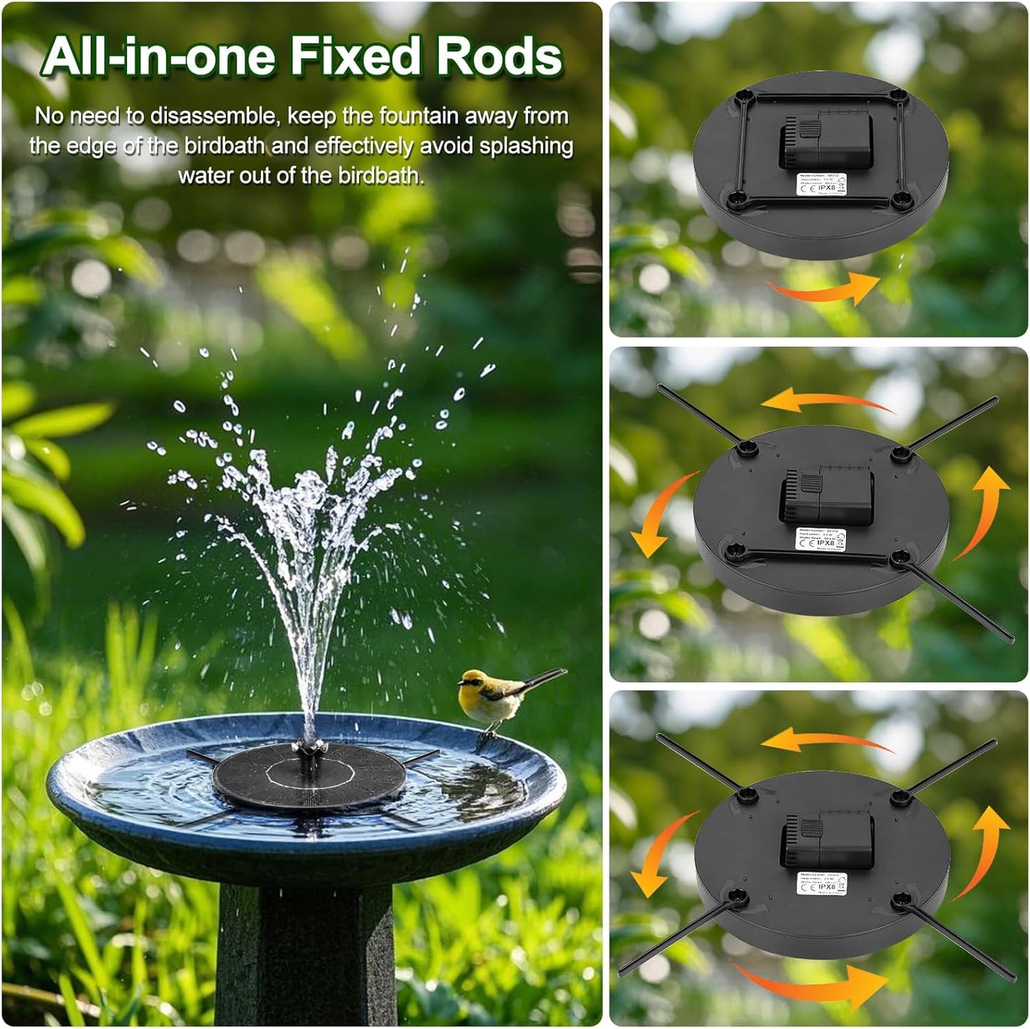 SEIRMEP Solar Fountain Pump - Adjustable Spray Height & 6 Nozzles | Ideal for Bird Baths, Gardens, Pools, Ponds