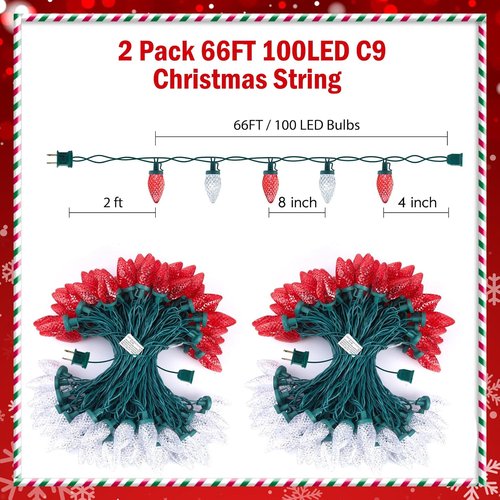 Brightown C9 LED Christmas String Lights - 200 LEDs, 132ft Waterproof Outdoor Decor | Red & White