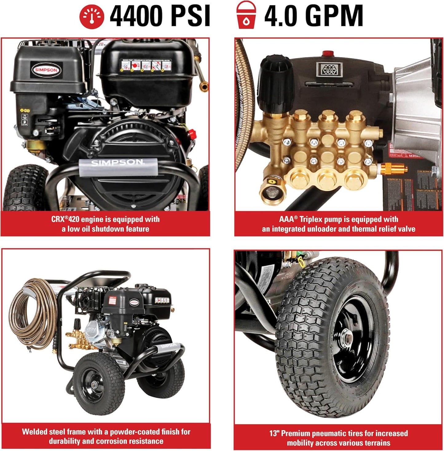 Simpson PowerShot 4400 PSI Gas Pressure Washer - 4.0 GPM Cold Water, 50' Hose, 49-State Compliant | Black