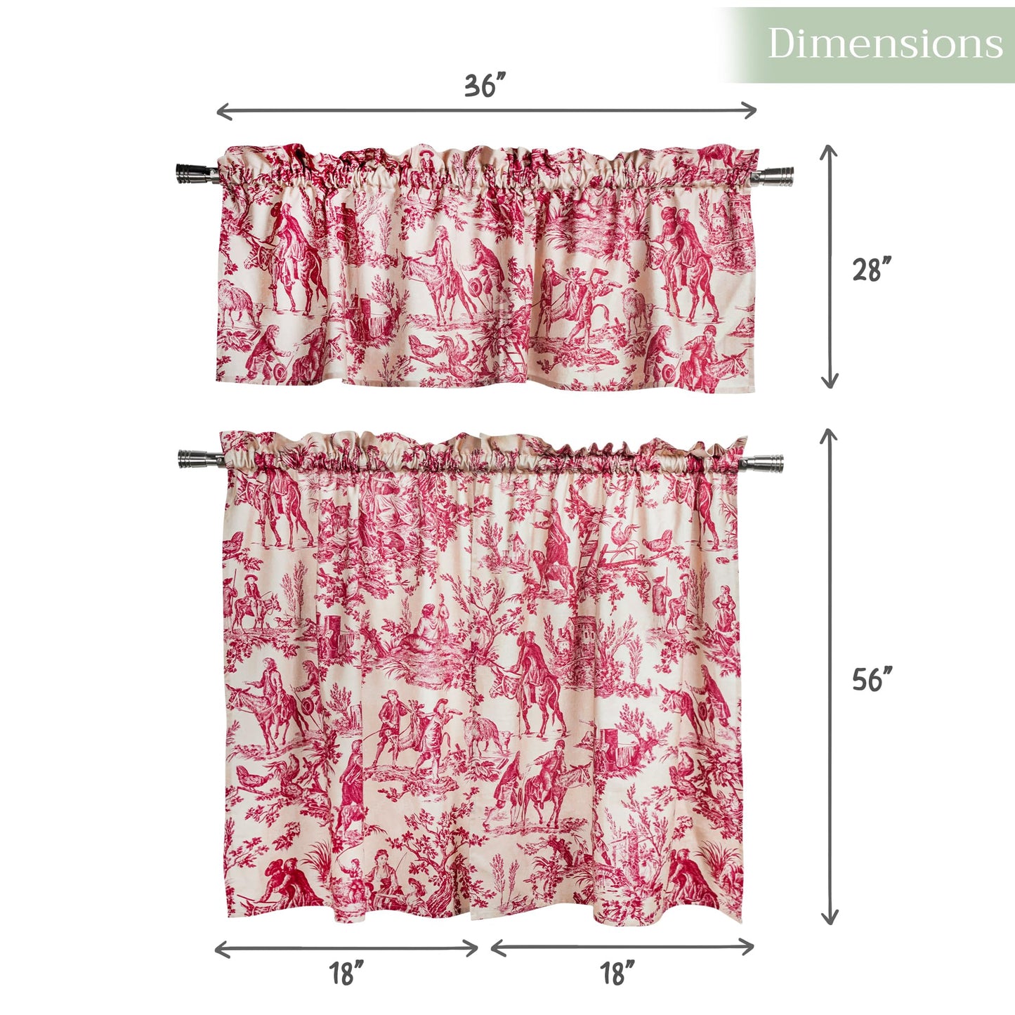 Maison d' Hermine Kitchen Curtain Set for Windows 100% Cotton Set of Kitchen Curtain Valance for Home [2 Tier (28"X36") and 1 Valance (56"X18")] Café Gifts for Mothers Day (The Miller - Red)