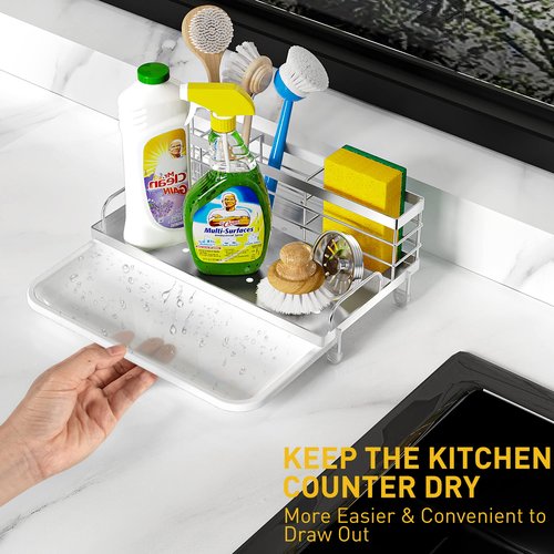 Cisily Kitchen Sink Caddy Organizer, Rustproof Non-Slip Soap Dish Dispenser Brush, Sponge Holder, Silver