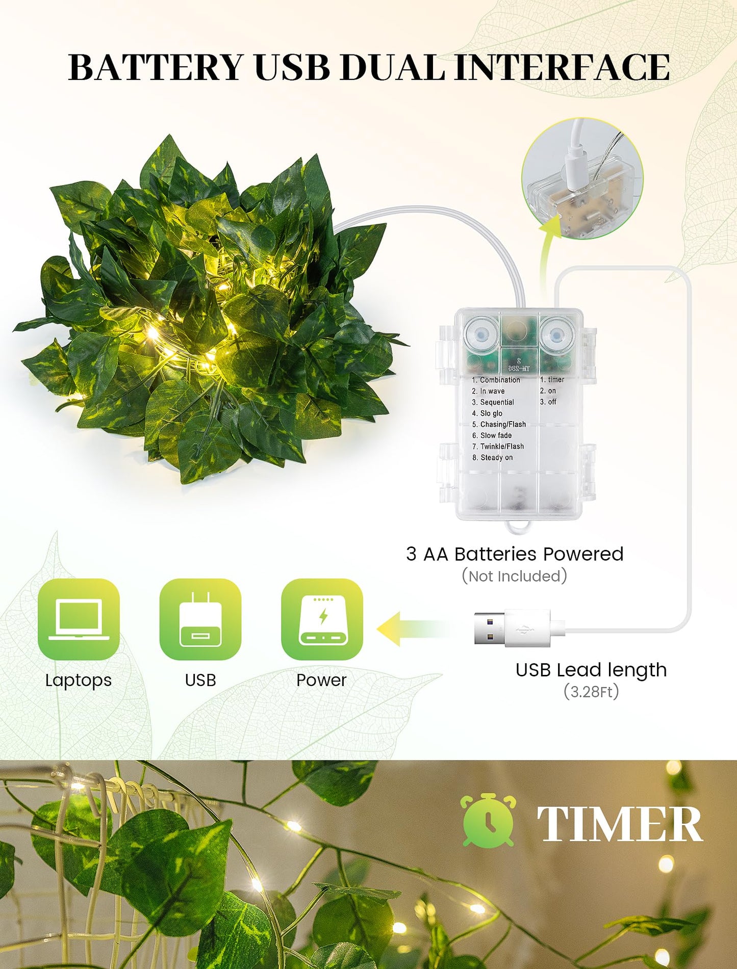 woohaha Vine with Fairy Lights,23ft 73LED Ivy String Light with Battery Operated,Leaf Light for Bedroom, Room, Wall, Garden, Party, Wedding Decor (Warm White)