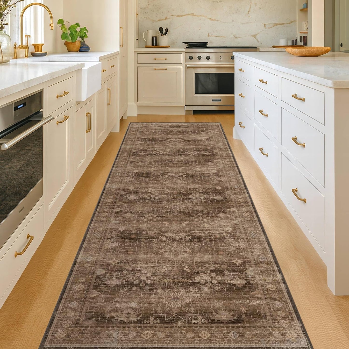 Regine Switzerland Brown Washable Long Runner Rug - Non-Slip Rubber Backing | 2x10 ft Boho Vintage Design