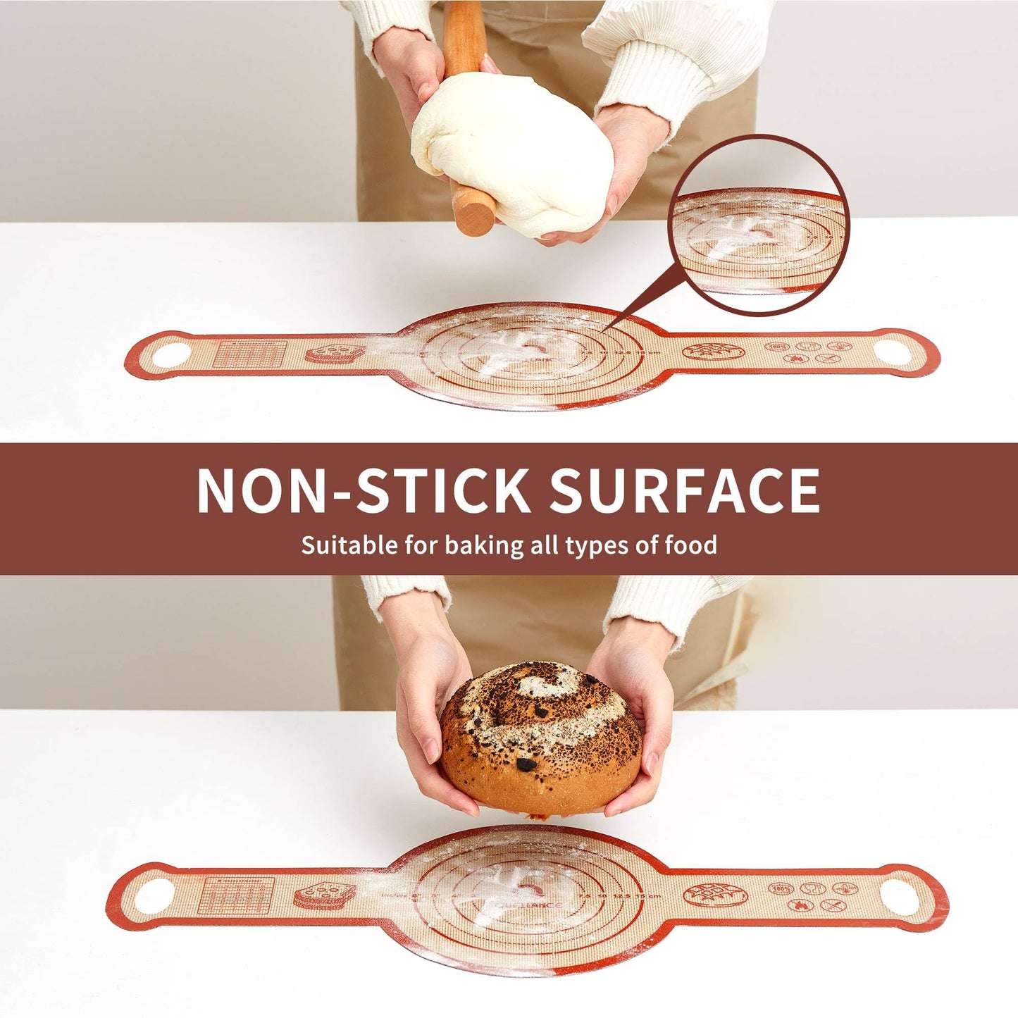 Silicone Sourdough Bread Sling Mat - 2Set Round Dough Baking Slings For Dutch Oven, NonStick High Degree Kitchen Sourbread Making Loaf Pan Lifter Liner, Reusable Cooking Transfer Mats with Long Handle