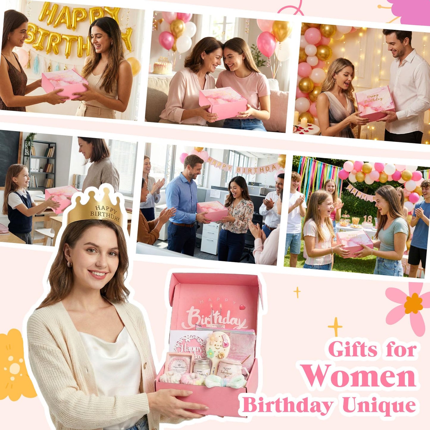 Birthday Gifts for Women Unique, Happy Birthday Gift Box for Teenage Girl, Daughter, Best Friend, Sister, Relaxing Self Care Birthday Gift Basket for Her 16th 18th 20th 21st 25th, Pink