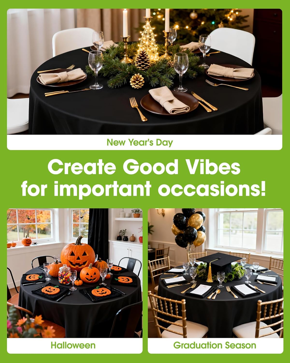 Pureegg Disposable Plastic Table Cloths - 84'' Round, Leakproof & Sturdy | Graduation Party Decor, Black, 8 Pack