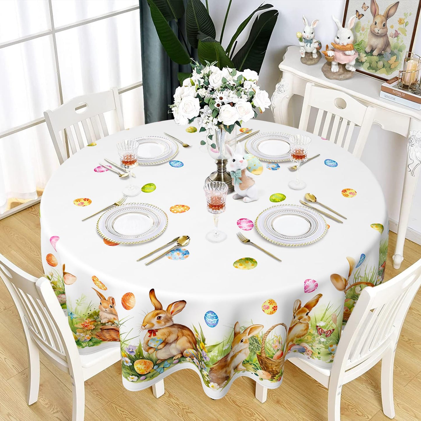 Roszwtit Spring Easter Tablecloth, Easter Eggs Bunny Floral Table Cloth Waterproof, Spring Easter Rabbit Flowers Kitchen Table Decor for Dining Holiday Party 60x60 Inch Round