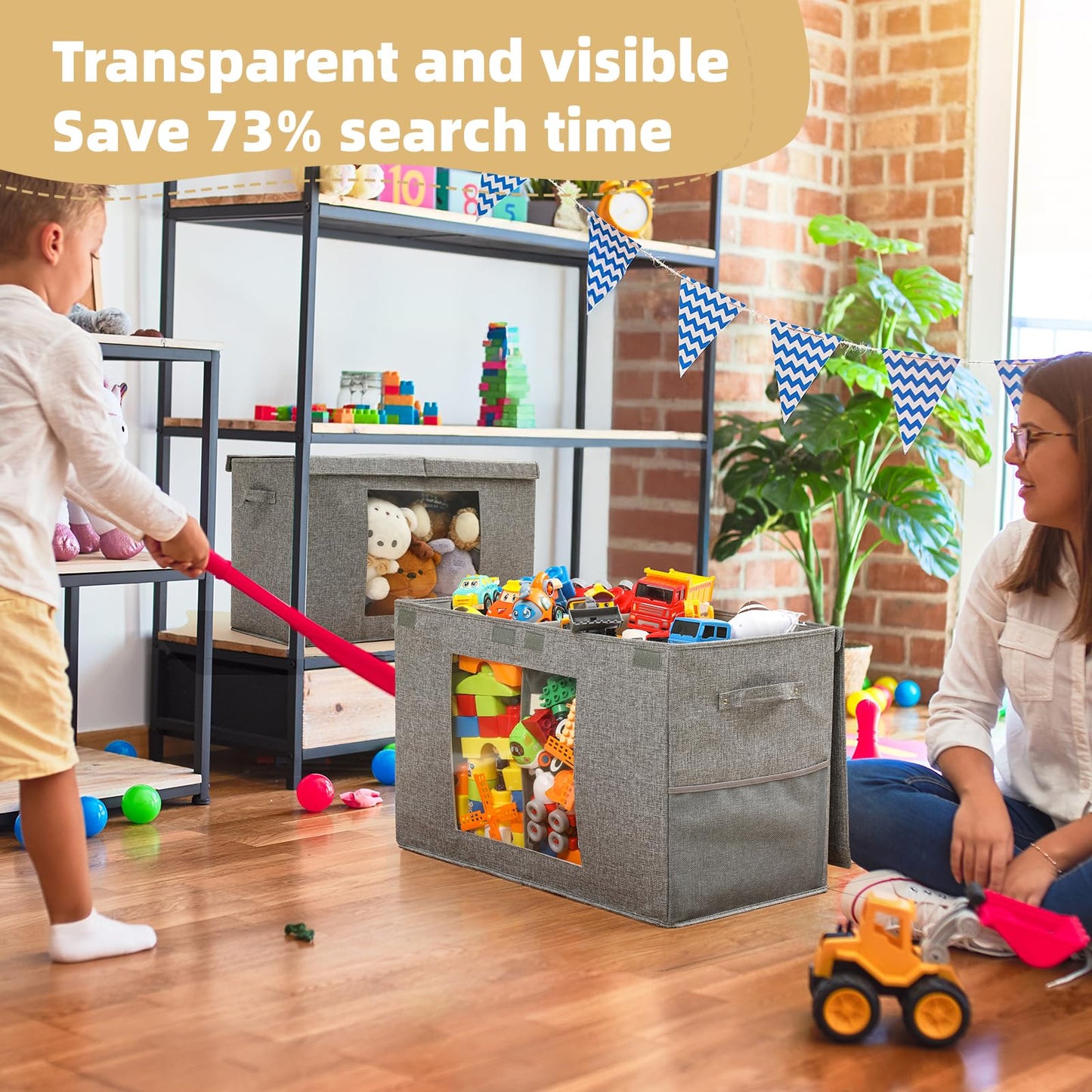 NETANY Clear Window Toy Box & Toy Chest with Lid - Large Toy Storage Organizer, CollapsibleToy Bin with Mesh Pockets for Boys, Girls, Playroom,Living Room Area Organization 25"x13" x16" (Linen Gray)