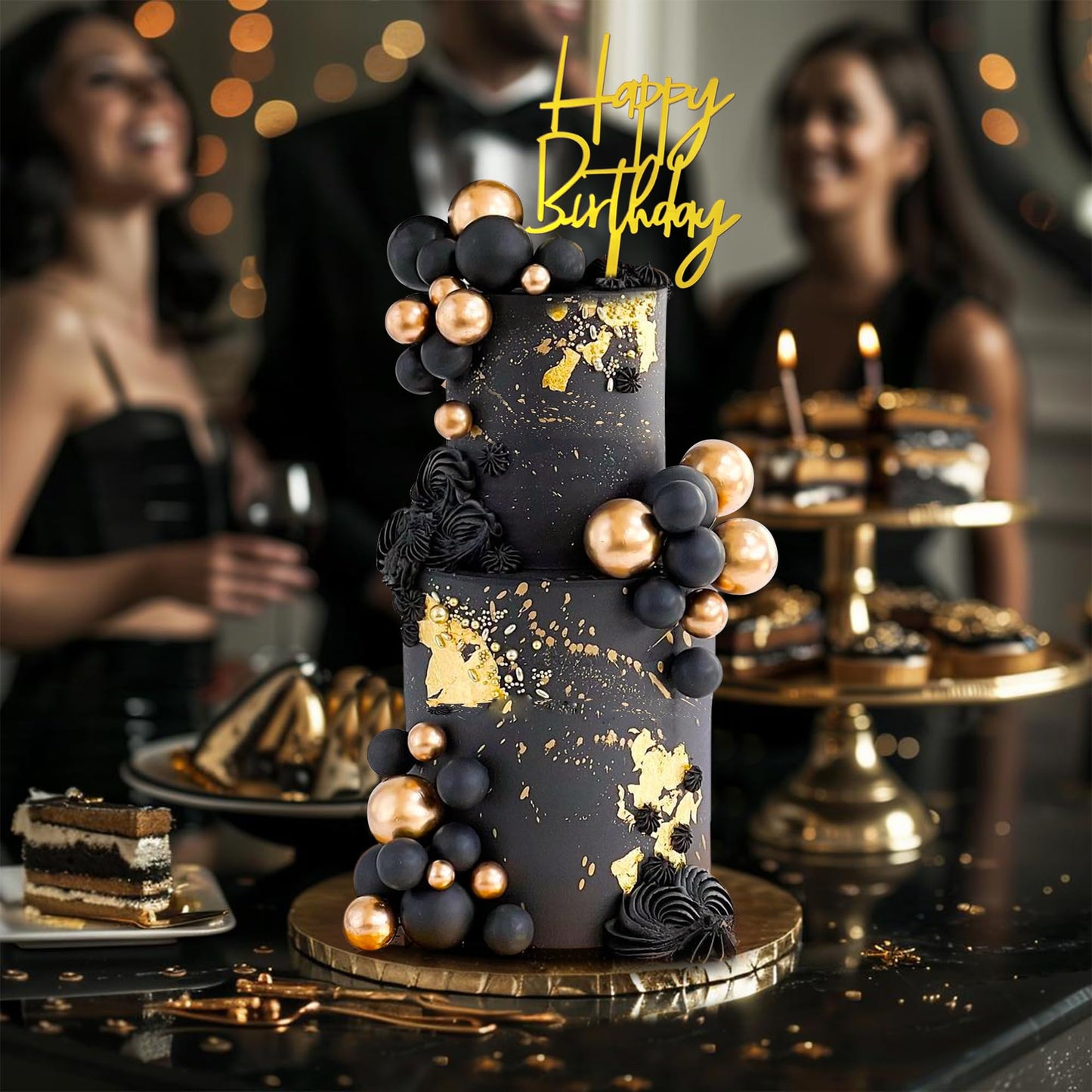 75 PCS Black and Gold Cake Decorations Balls Happy Birthday Insert Cards for DIY Cake Decoration Baby Shower Wedding Birthday Party