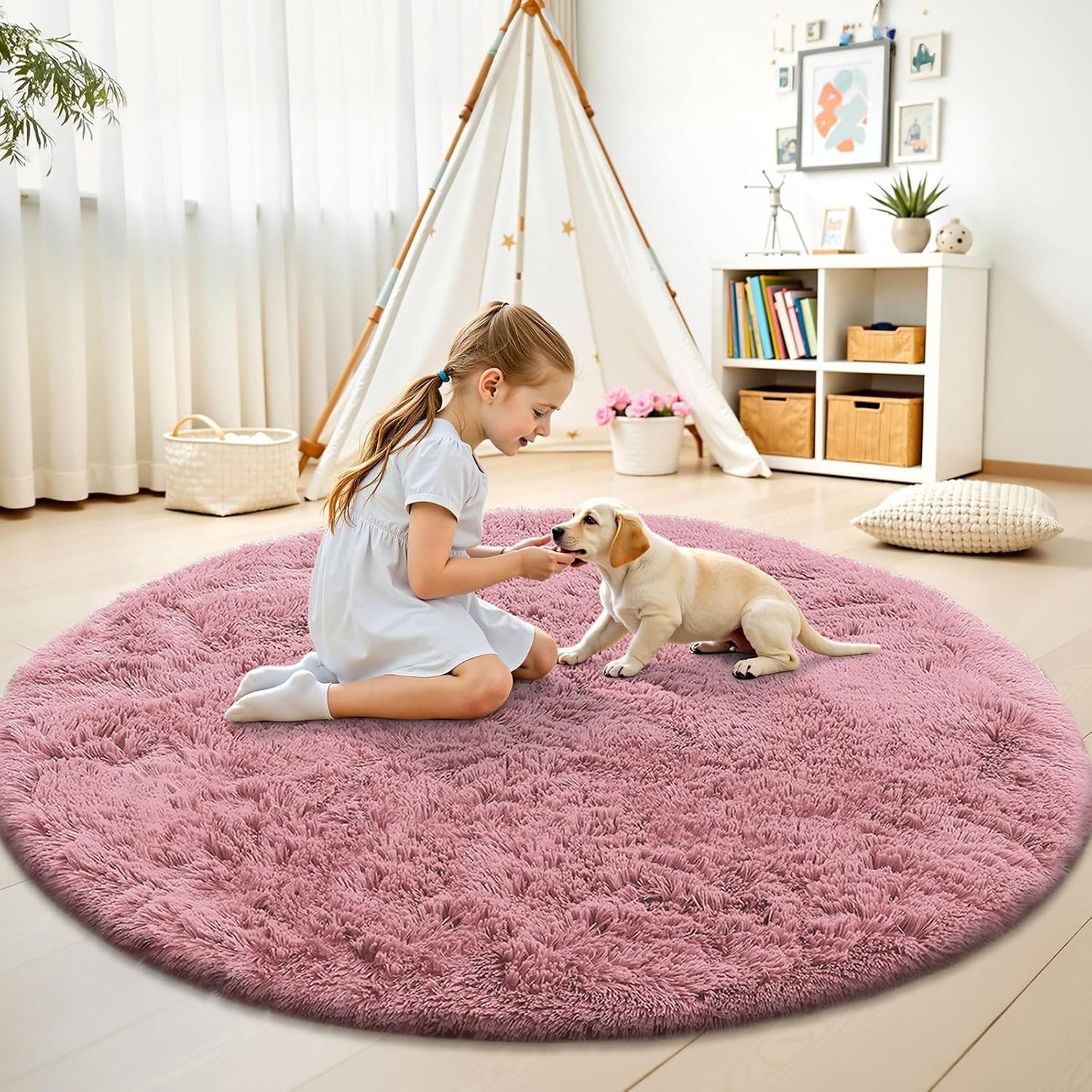 OLANLY Round Area Rug - Soft & Fluffy Pale Pink Shaggy Carpet | 5 ft Circle for Bedroom & Nursery Decor