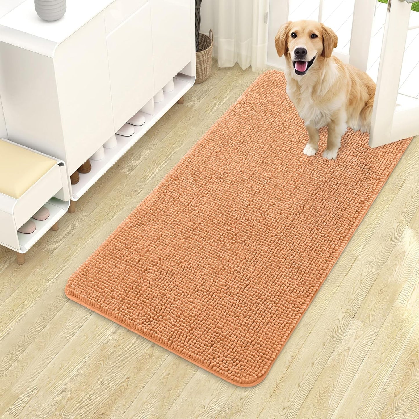 OLANLY Dog Door Mat - Absorbent Non-Slip Chenille for Muddy Paws | 40x24 Inches, Quick Dry, Orange