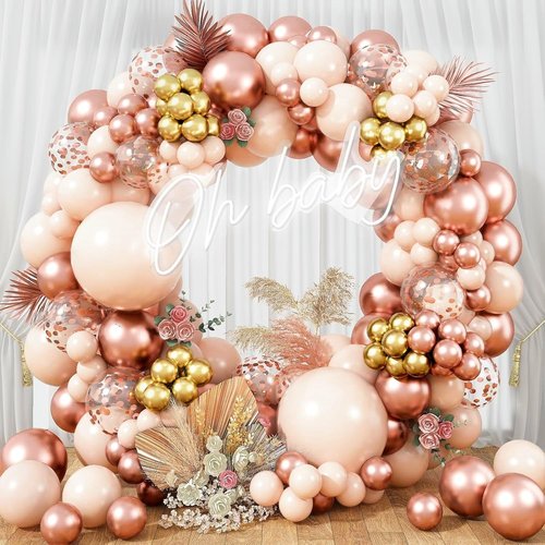Blush Rose Gold Balloon Garland Arch Kit, 119 Pieces Peach Pink Gold Pastel Orange Metallic Rose Gold Confetti Balloon Garland Kit for Girls Women Birthday Wedding Baby Bridal Shower Party Decorations