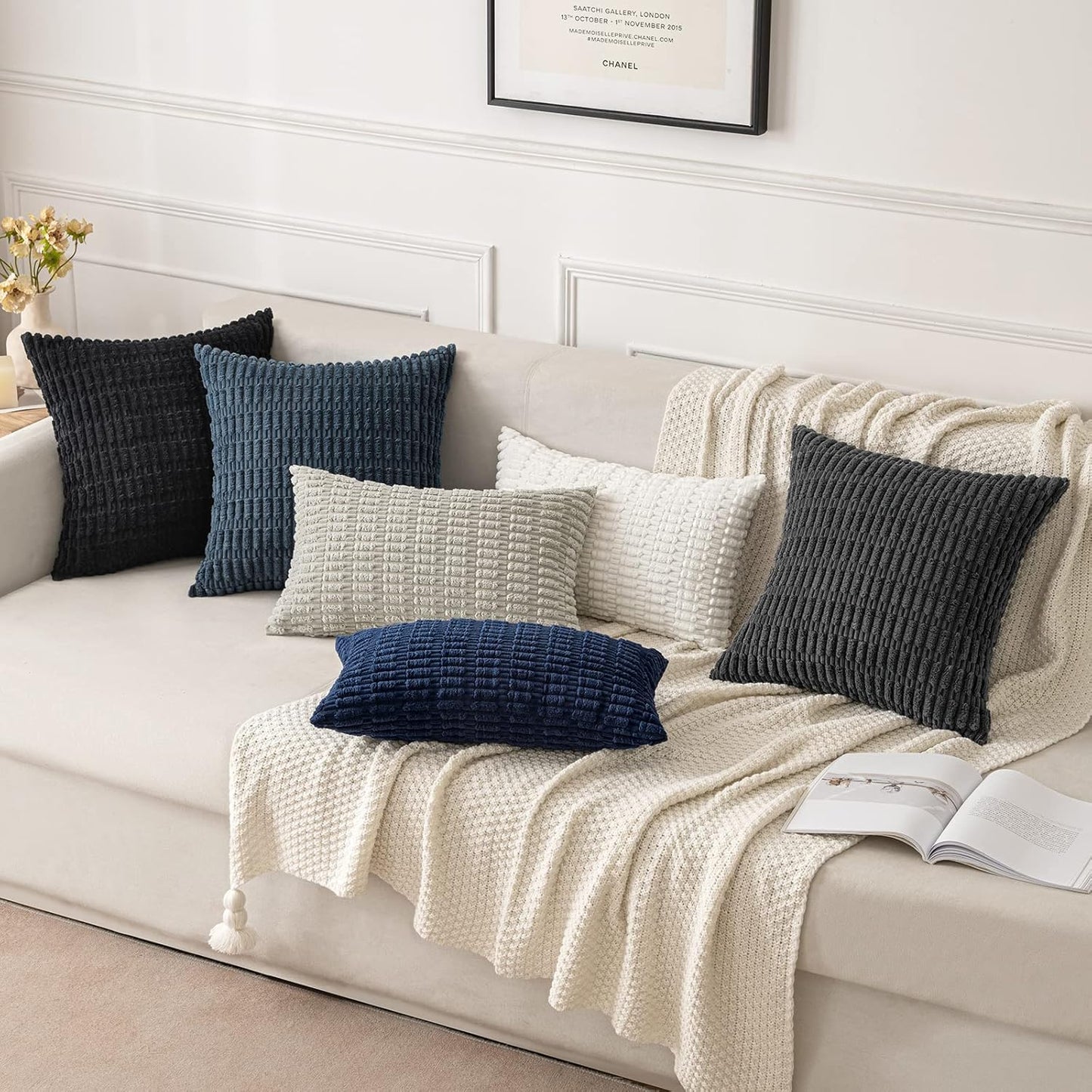 MIULEE Corduroy Decorative Lumbar Pillow Covers - Soft Boho Striped 20x12 Inch | Modern Farmhouse Decor
