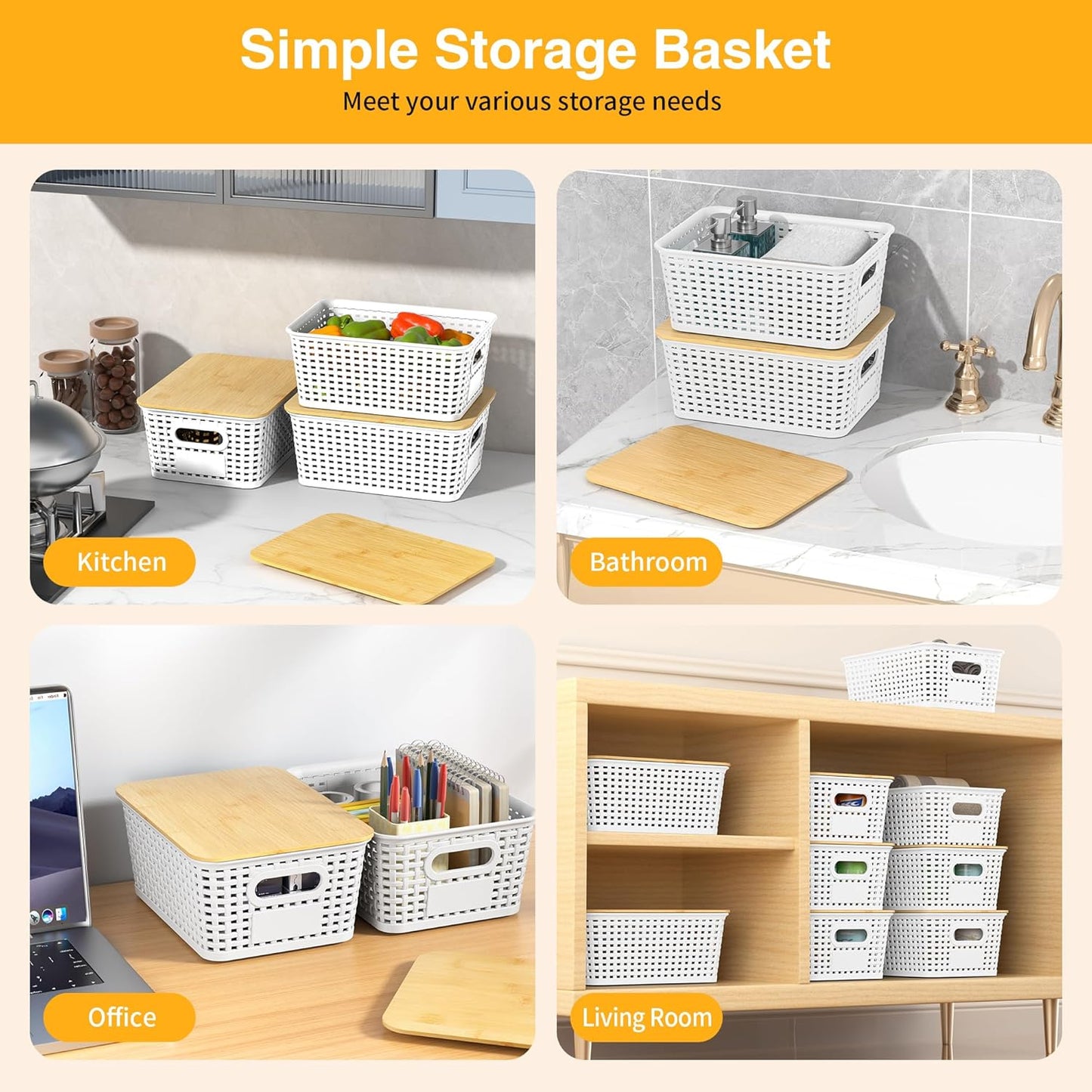 Skiennix Plastic Storage Baskets - Stackable Containers with Bamboo Lids & Labels, 6-Pack White