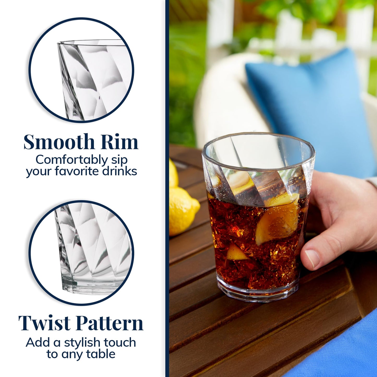 US Acrylic Optix Plastic Reusable Drinking Glasses (Set of 8) 14oz Rocks Cups in Clear | BPA-Free Tumblers, Made in USA | Top-Rack Dishwasher Safe