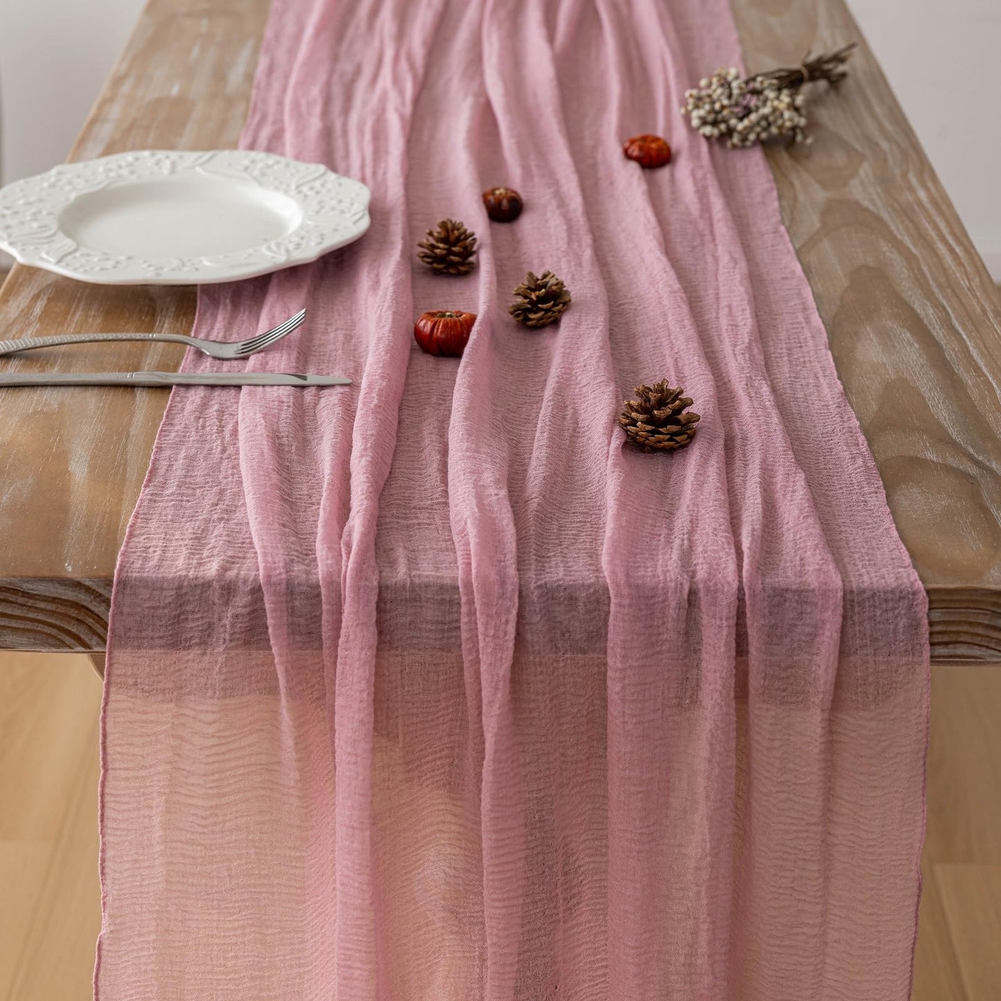 Keketoarrange Dusty Rose Mothers Day Cheesecloth Table Runner Gauze 120 Inch 10 FT Rustic Boho Cheese Cloth Runner for Wedding Baby Shower Bridal Shower Garden Party Sheer Spring Home Decorations