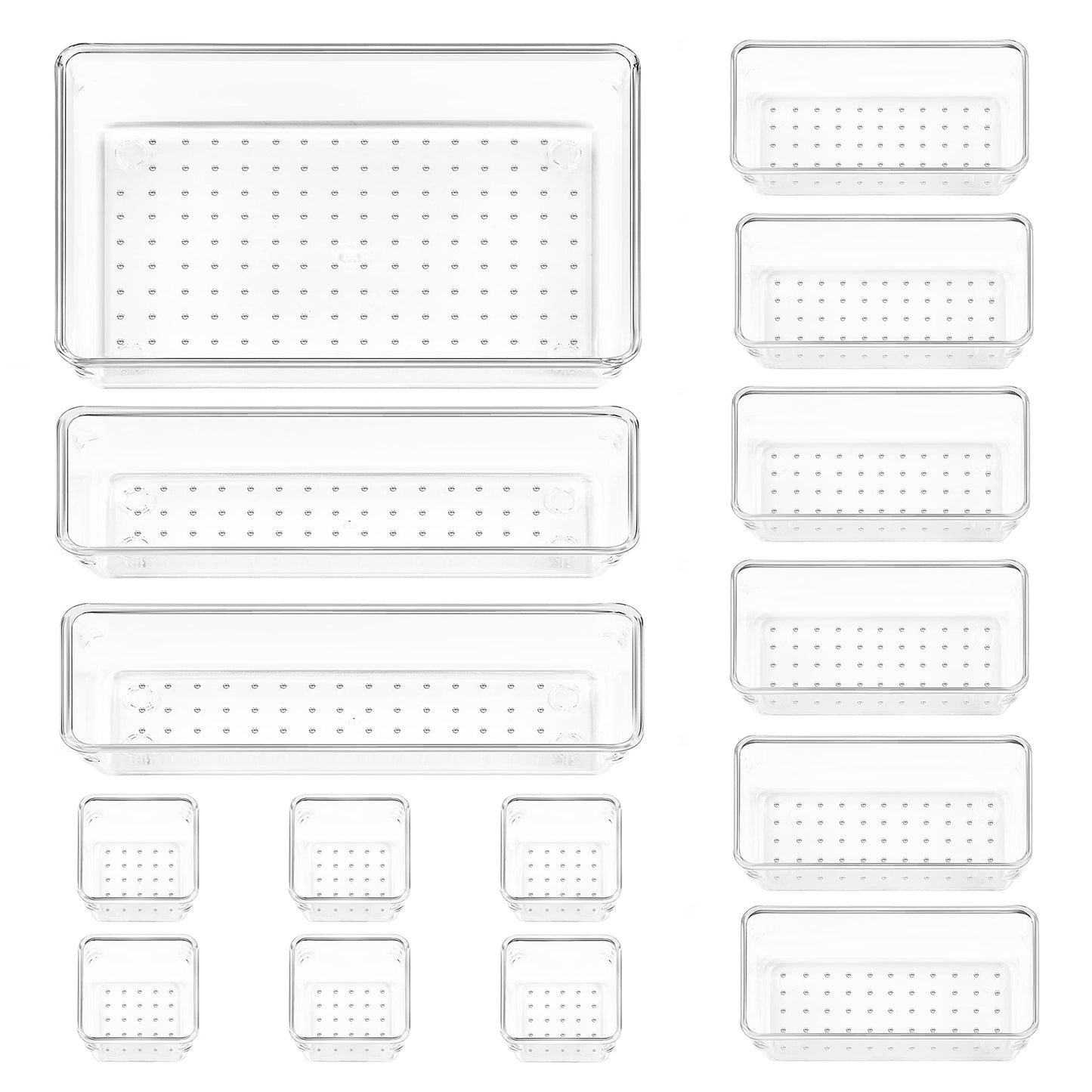 Vtopmart 15 PCS Clear Plastic Drawer Organizers Set, 4-Size Versatile Bathroom and Vanity Organizer Trays, Non-Slip Storage Containers for Makeup, Jewelries, Bedroom，Kitchen Utensils and Office