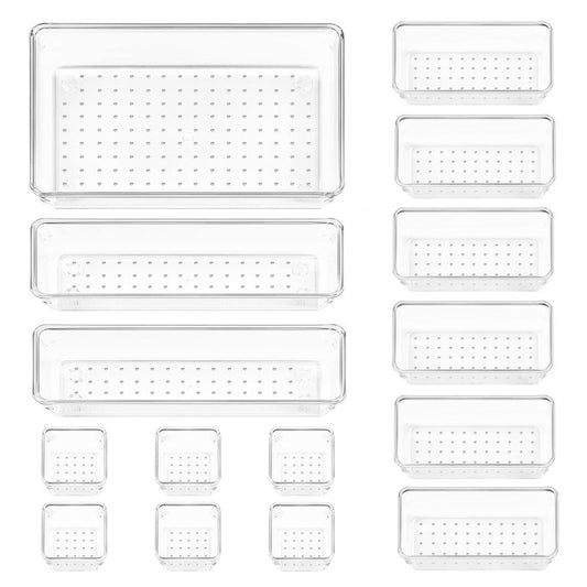 Vtopmart 15 PCS Clear Plastic Drawer Organizers Set, 4-Size Versatile Bathroom and Vanity Organizer Trays, Non-Slip Storage Containers for Makeup, Jewelries, Bedroom，Kitchen Utensils and Office