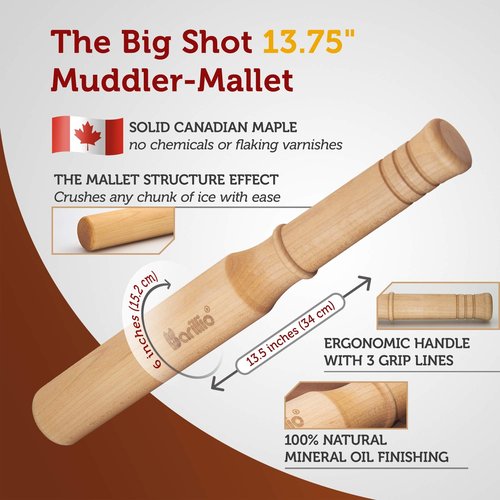 Barillio Drink Muddler Mallet and Lewis Bag Set - Big-Shot 13.75 Inch Wooden Muddler and Ice Hammer for Cocktails w/Canvas Ice Crushing Bag - Bar Tool Set
