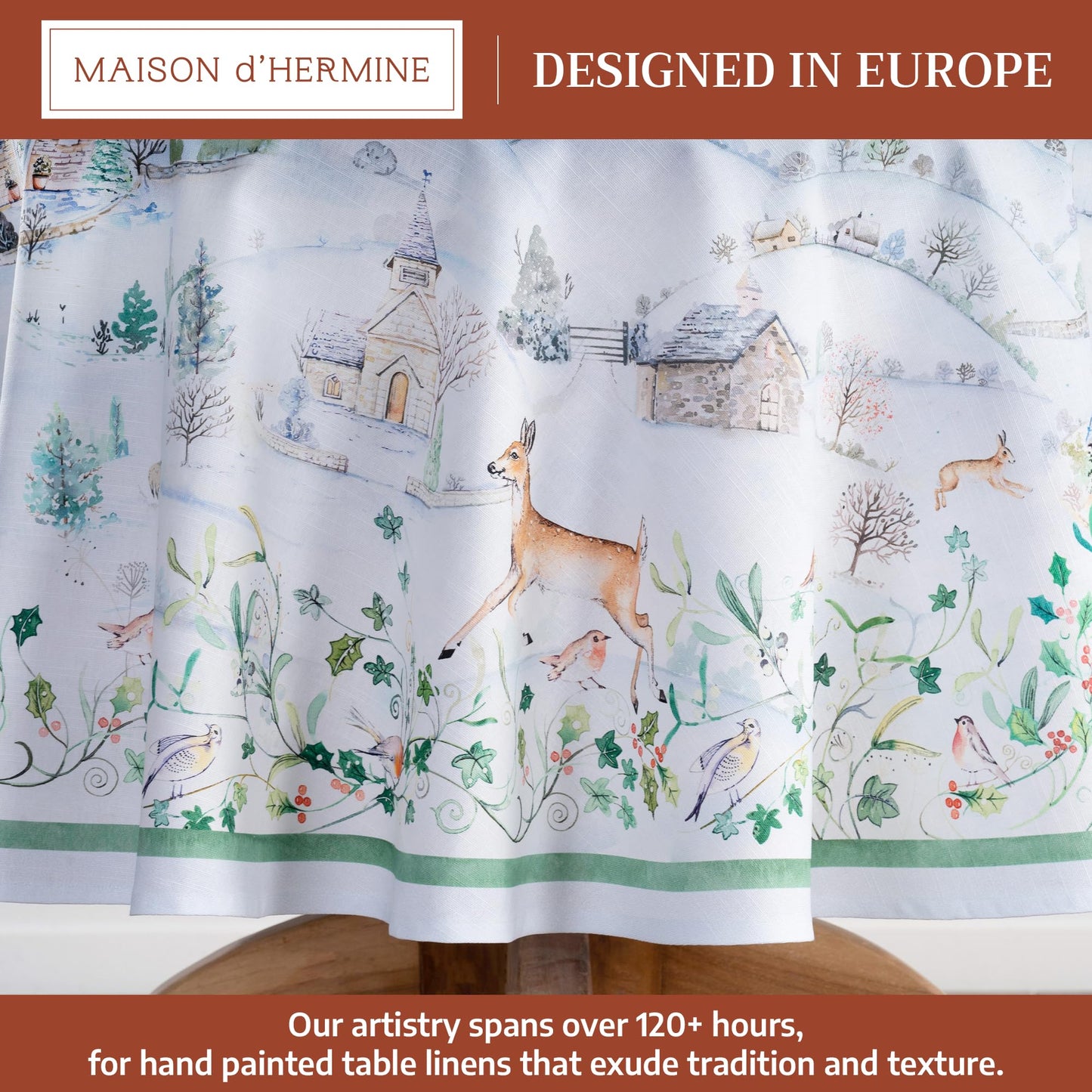 Maison d' Hermine Table Cloth Round Table 100% Cotton 63 Inches Fall Tablecloth Reusable Everyday Use for Thanksgiving Christmas Decorations Dining Farmhouse Party (Snowy World)