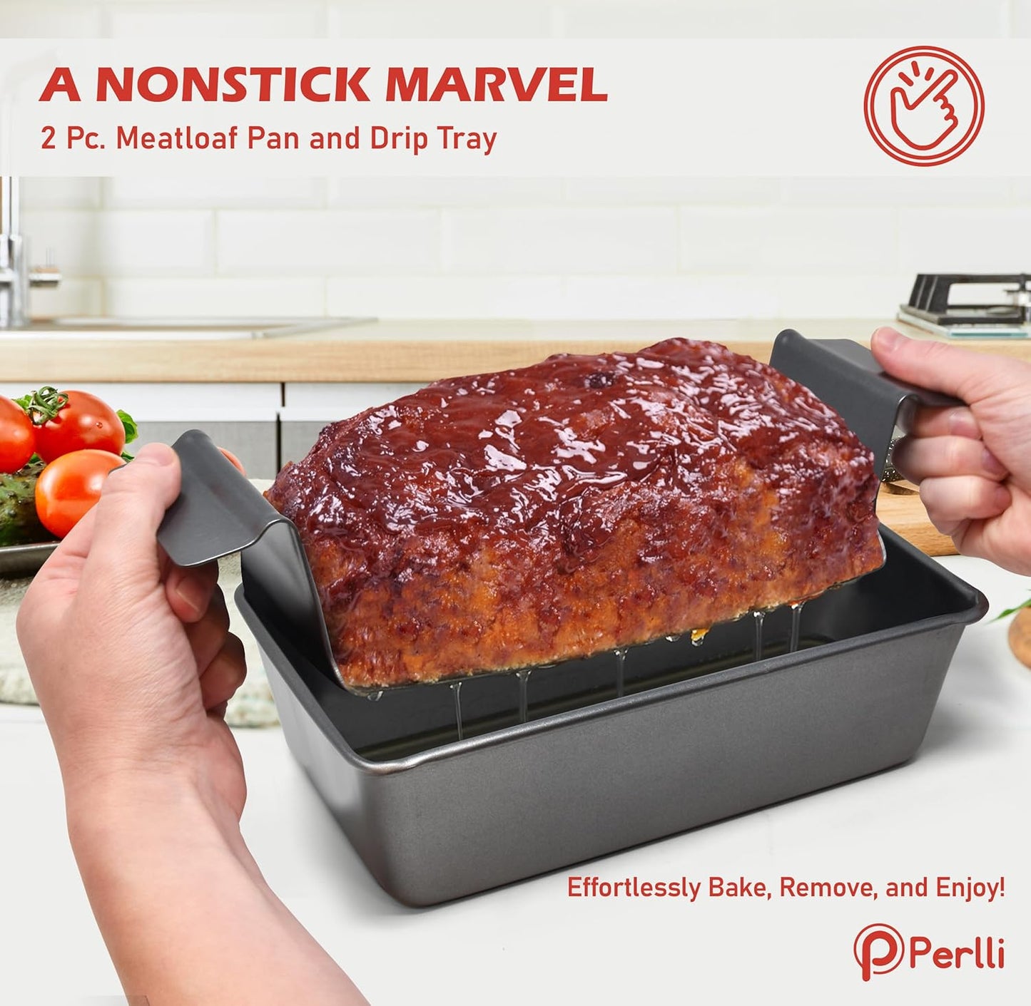 PERLLI Nonstick Meat Loaf Pan with Drip Tray - 9.8 x 5.7 In. High-Carbon Steel, BPA-Free for Baking & Roasting